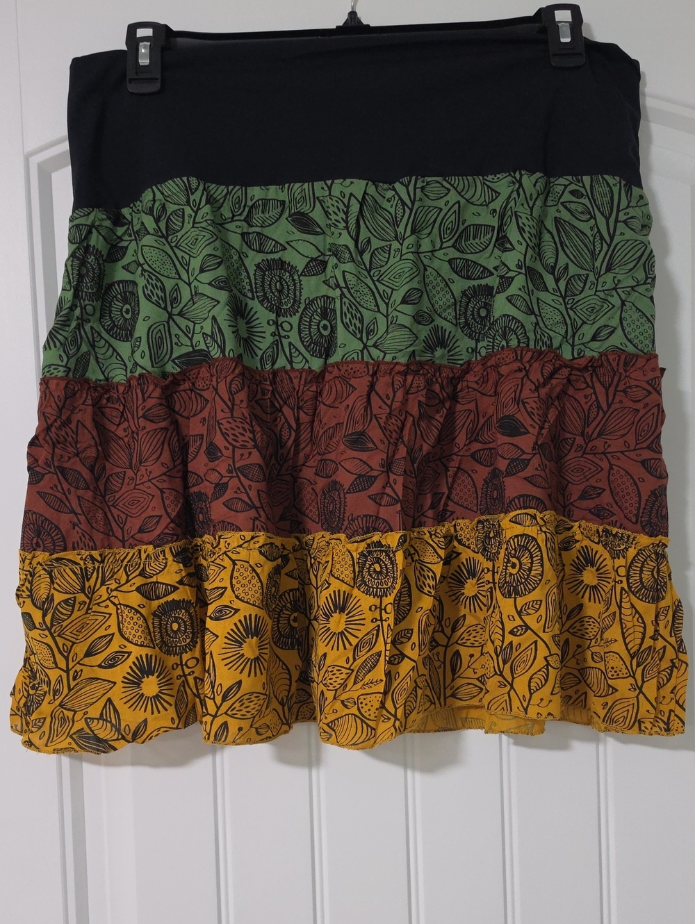 NWT Soul Flower Boho Hippie Three Tier Viscose Mini Skirt Green Rust Yellow XXL